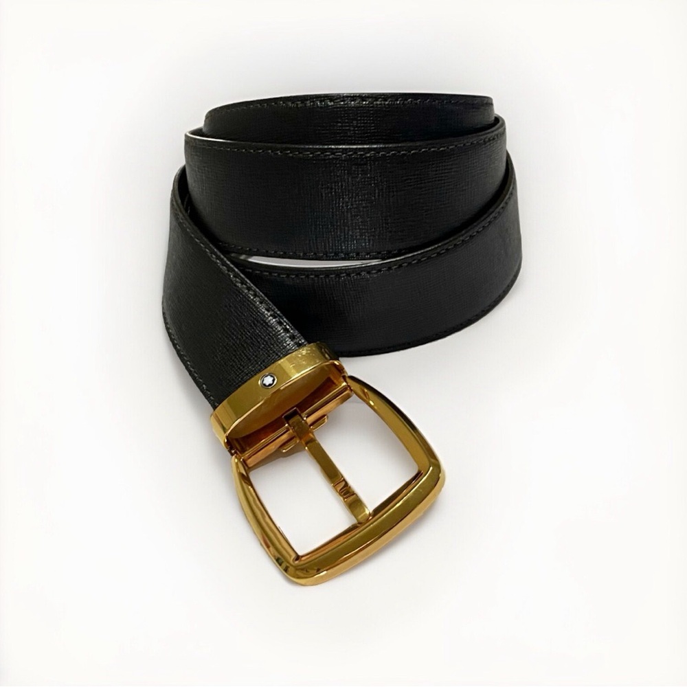 MONT BLANC black saffiano leather gold square buckle belt